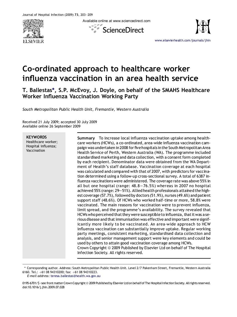 Co-ordinated approach to healthcare worker influenza vaccination in an area health service