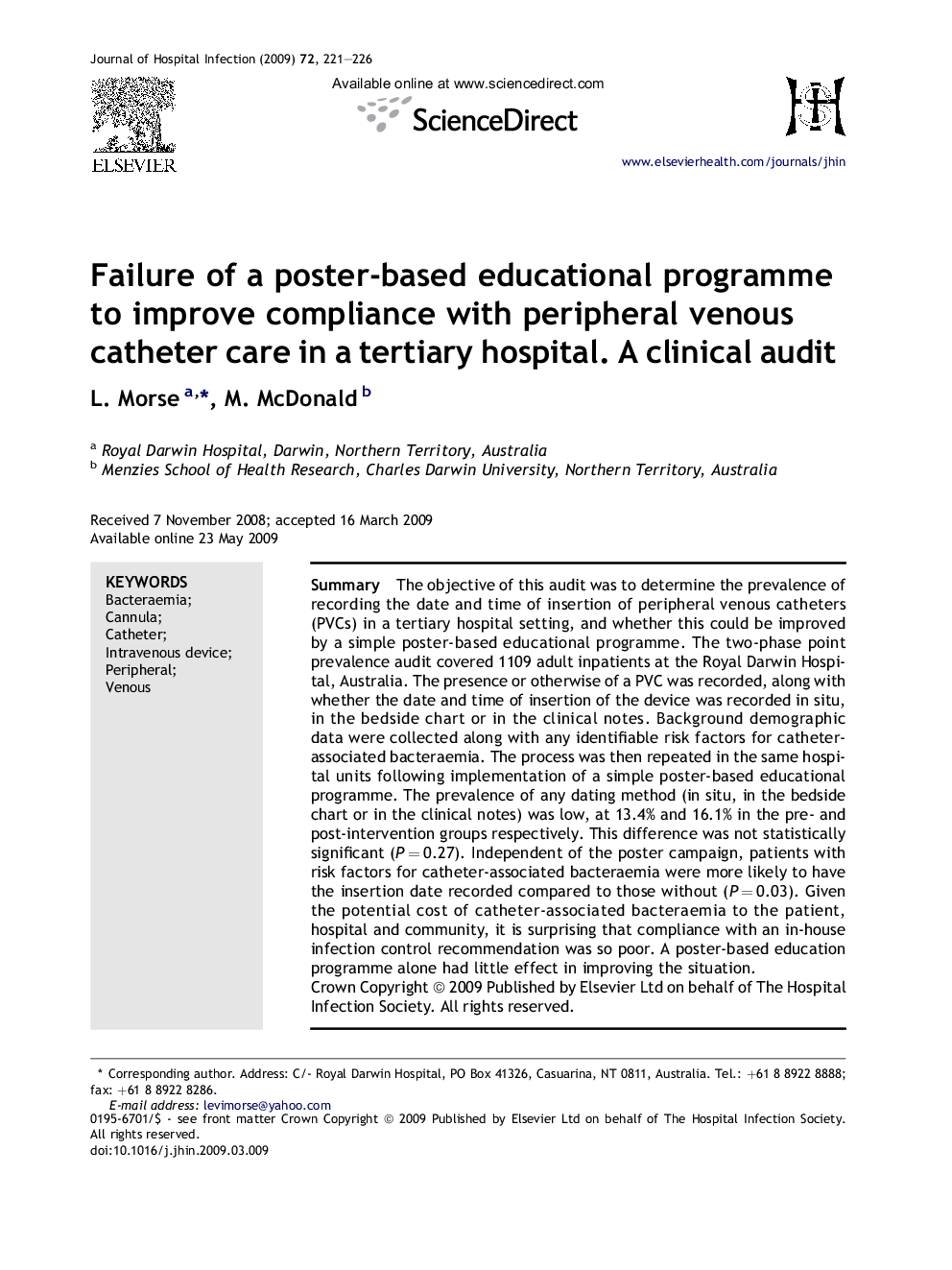 Failure of a poster-based educational programme to improve compliance with peripheral venous catheter care in a tertiary hospital. A clinical audit