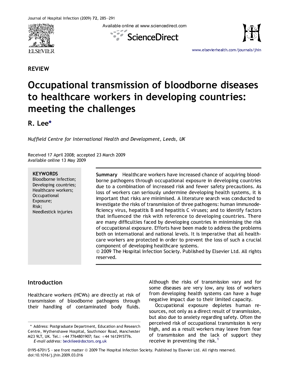 Occupational transmission of bloodborne diseases to healthcare workers in developing countries: meeting the challenges