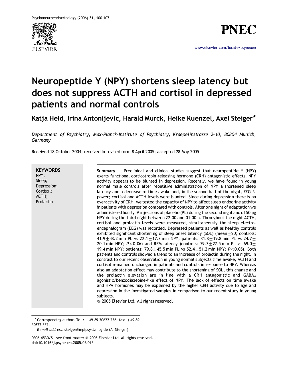 Neuropeptide Y (NPY) shortens sleep latency but does not suppress ACTH and cortisol in depressed patients and normal controls