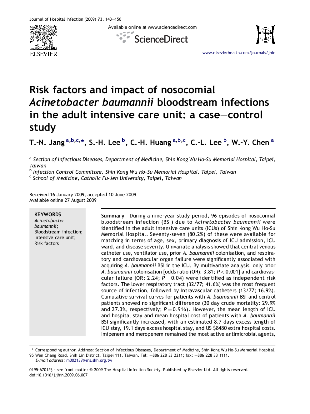 Risk factors and impact of nosocomial Acinetobacter baumannii bloodstream infections in the adult intensive care unit: a case–control study