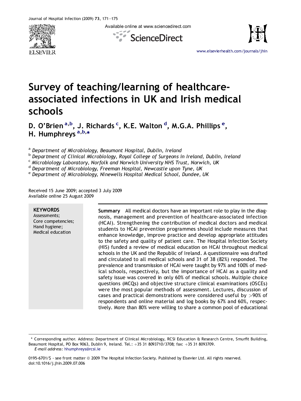 Survey of teaching/learning of healthcare-associated infections in UK and Irish medical schools