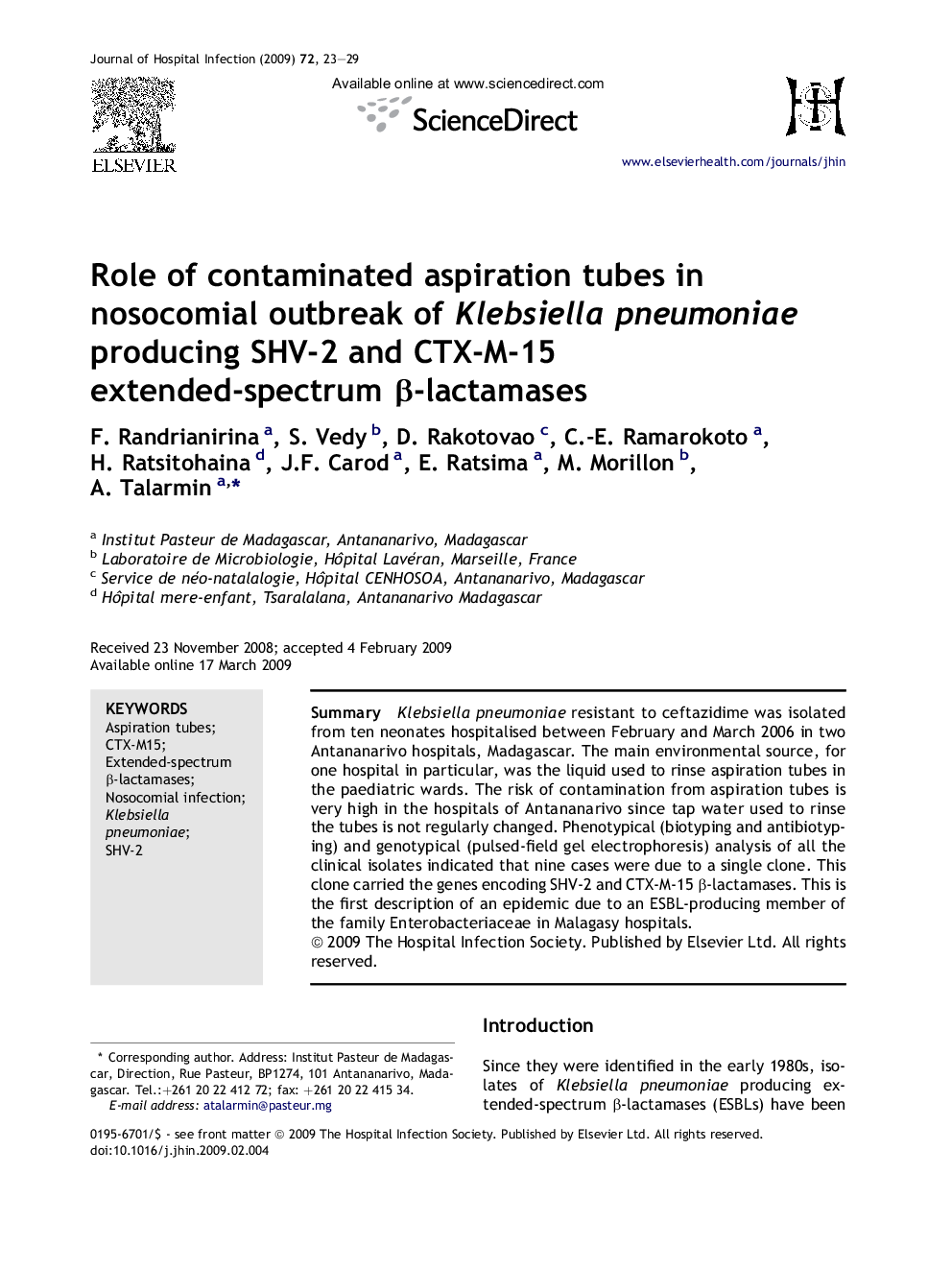 Role of contaminated aspiration tubes in nosocomial outbreak of Klebsiella pneumoniae producing SHV-2 and CTX-M-15 extended-spectrum β-lactamases