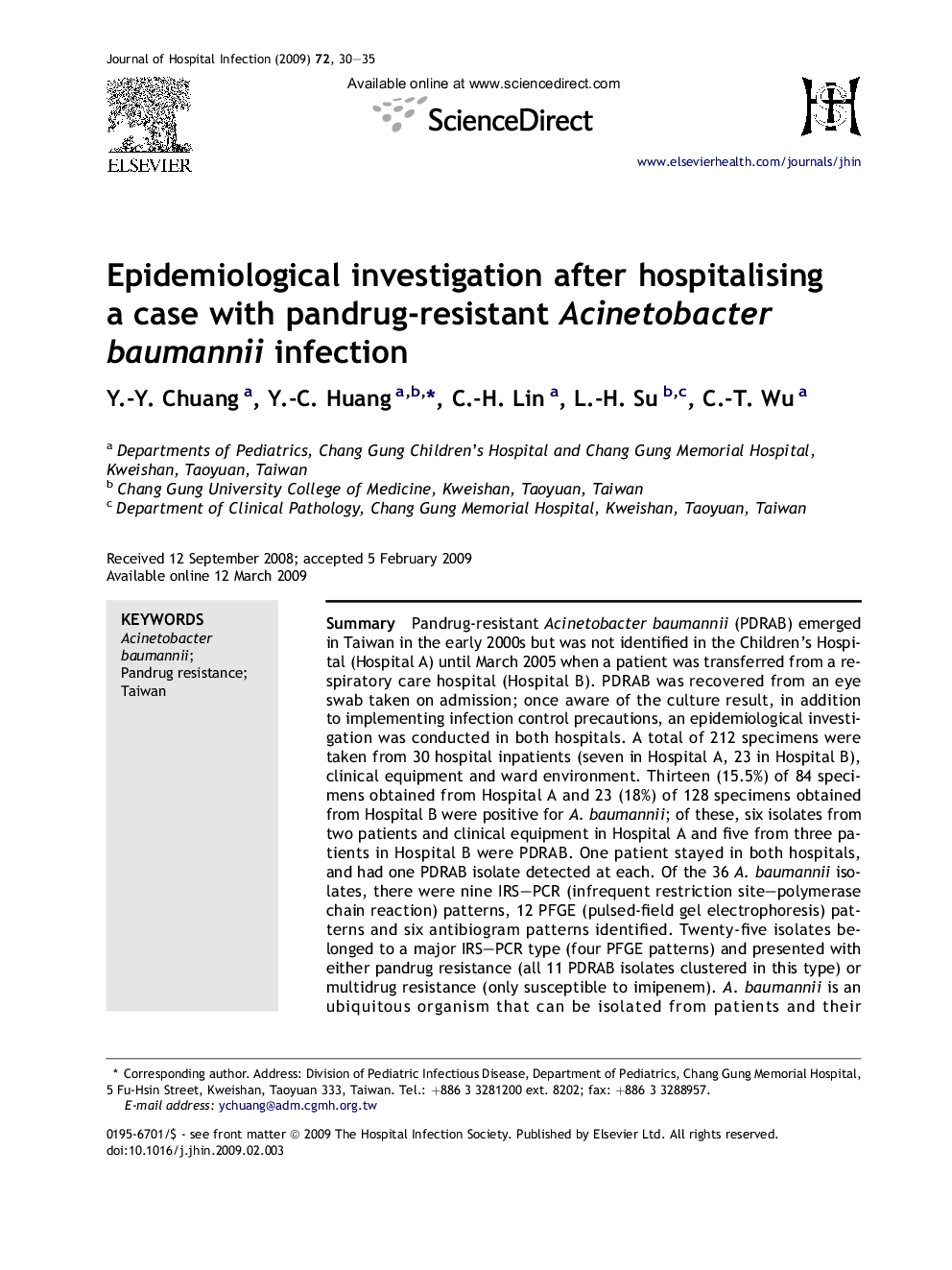 Epidemiological investigation after hospitalising a case with pandrug-resistant Acinetobacter baumannii infection
