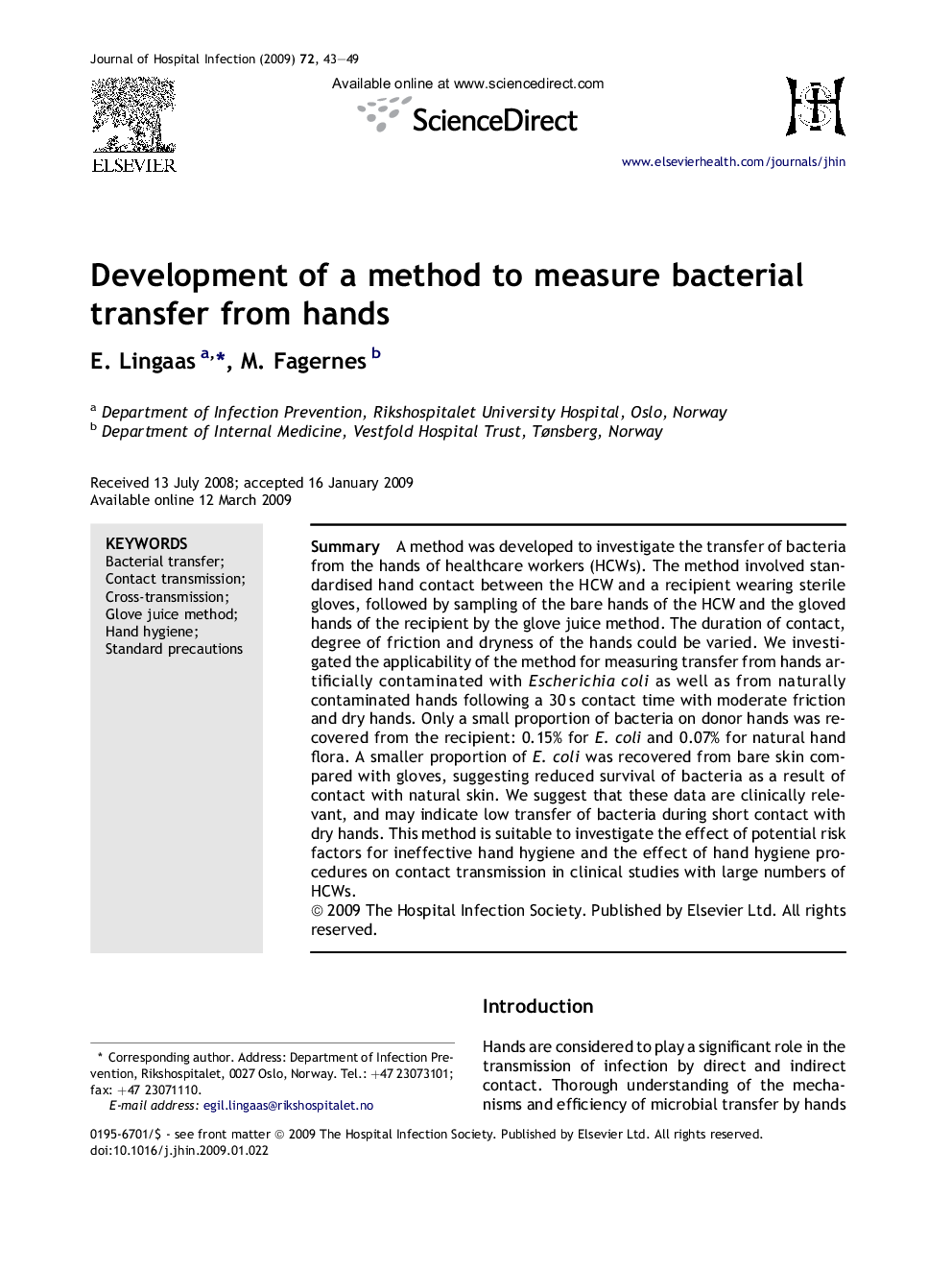 Development of a method to measure bacterial transfer from hands