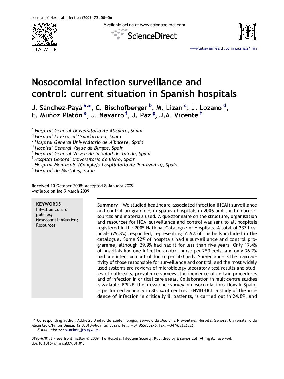 Nosocomial infection surveillance and control: current situation in Spanish hospitals