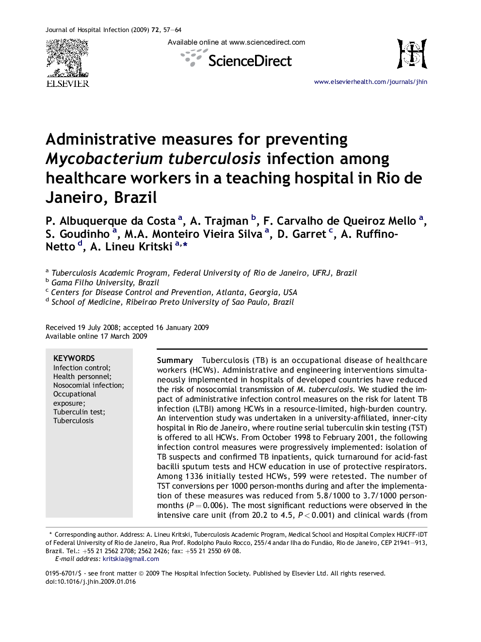 Administrative measures for preventing Mycobacterium tuberculosis infection among healthcare workers in a teaching hospital in Rio de Janeiro, Brazil