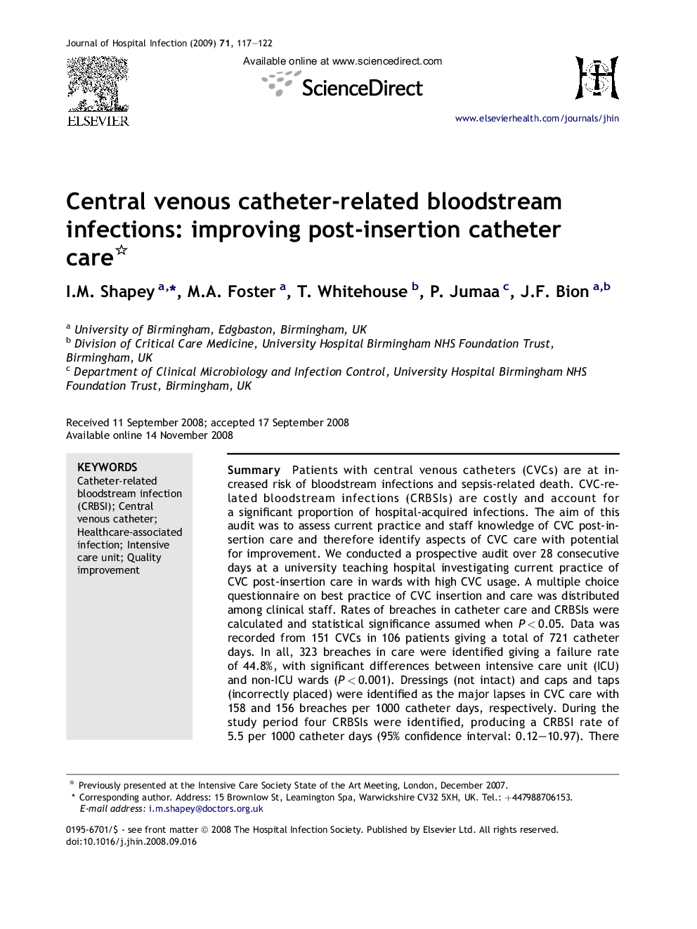 Central venous catheter-related bloodstream infections: improving post-insertion catheter care 