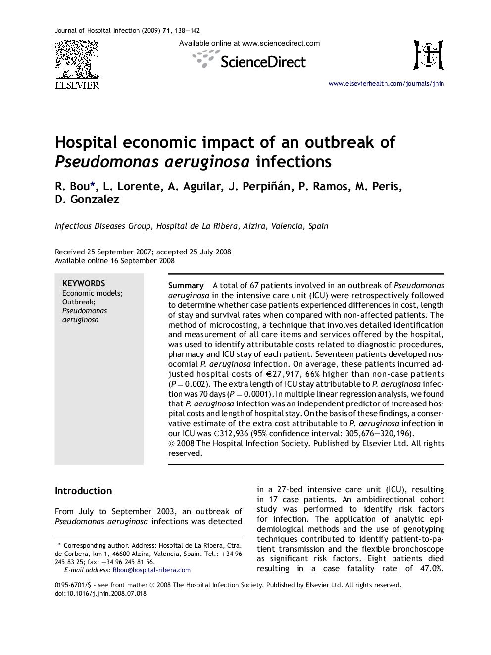 Hospital economic impact of an outbreak of Pseudomonas aeruginosa infections