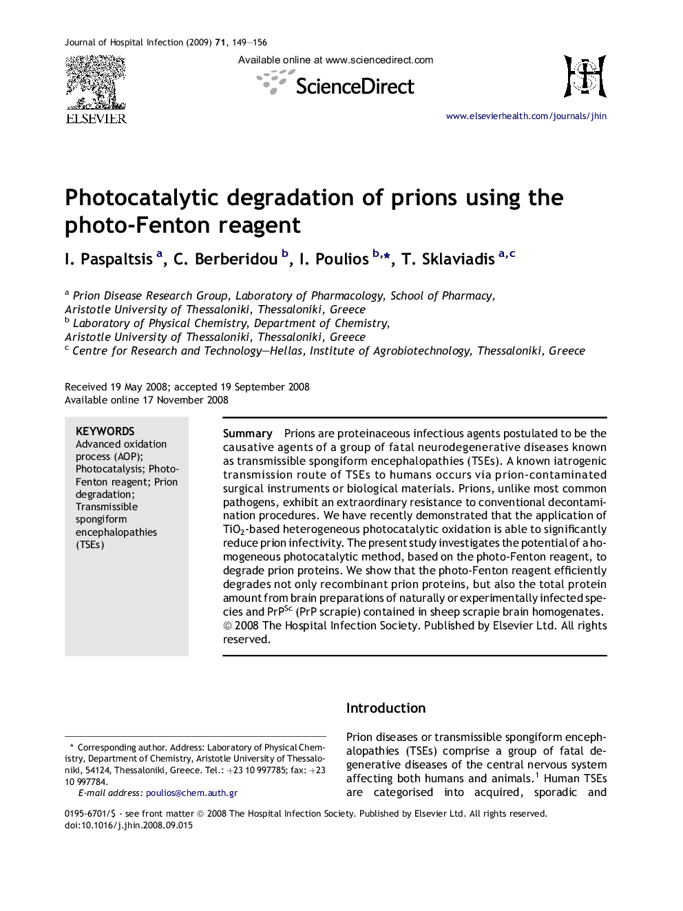 Photocatalytic degradation of prions using the photo-Fenton reagent