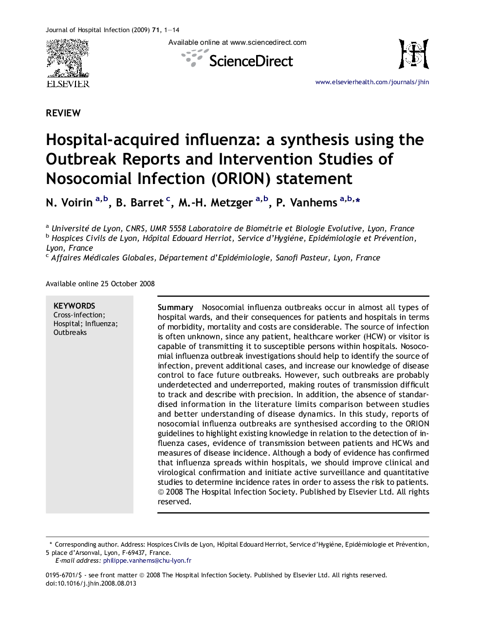 Hospital-acquired influenza: a synthesis using the Outbreak Reports and Intervention Studies of Nosocomial Infection (ORION) statement