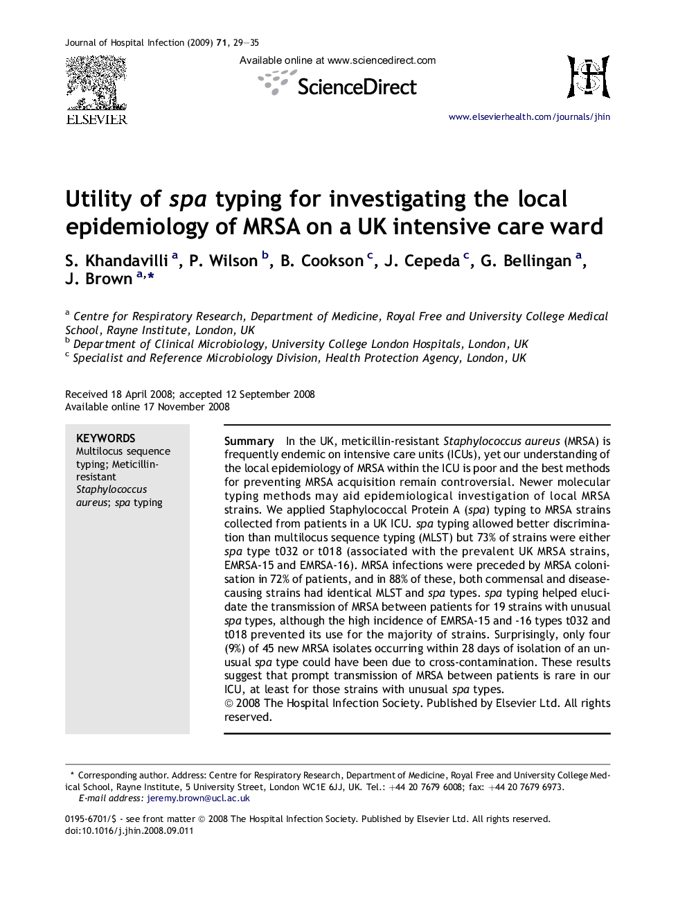 Utility of spa typing for investigating the local epidemiology of MRSA on a UK intensive care ward