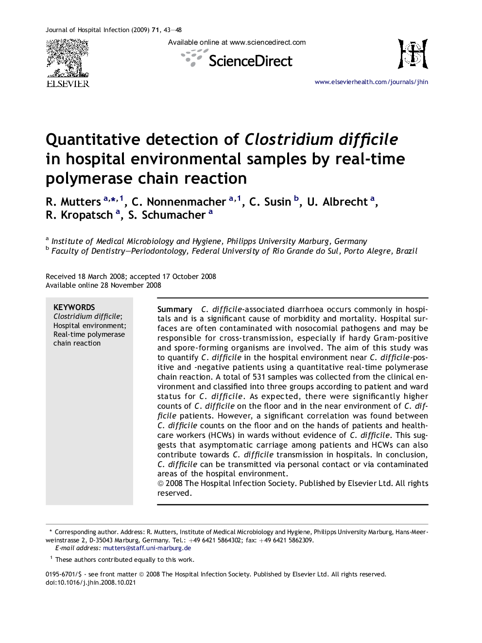 Quantitative detection of Clostridium difficile in hospital environmental samples by real-time polymerase chain reaction