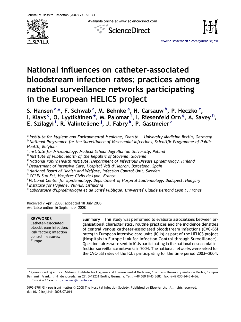 National influences on catheter-associated bloodstream infection rates: practices among national surveillance networks participating in the European HELICS project