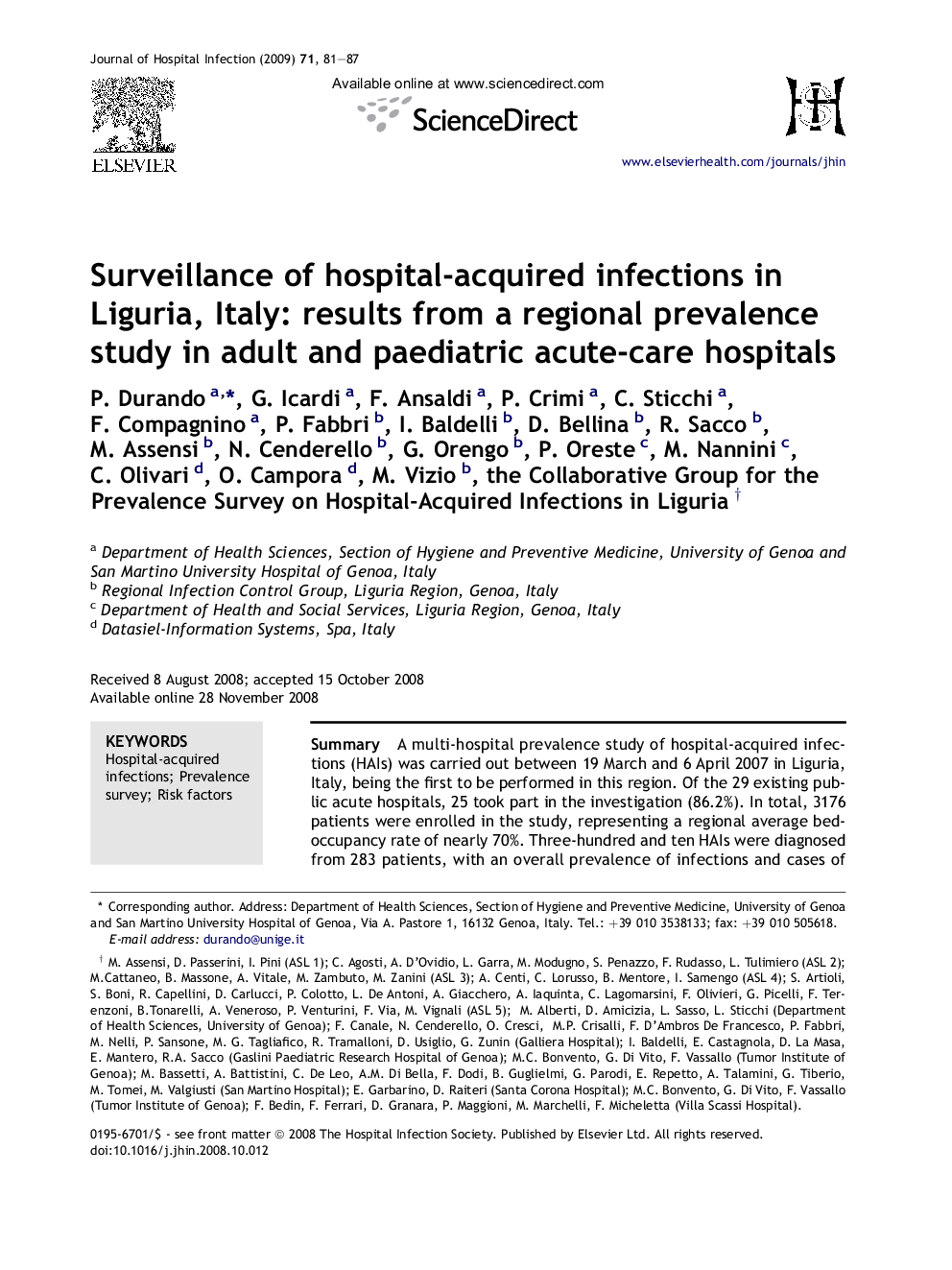 Surveillance of hospital-acquired infections in Liguria, Italy: results from a regional prevalence study in adult and paediatric acute-care hospitals