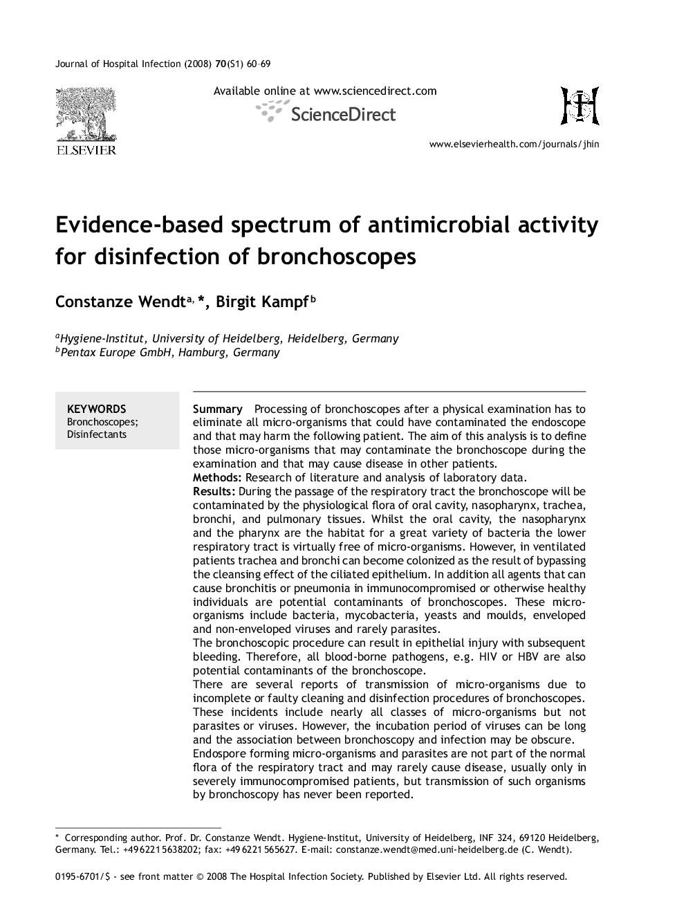 Evidence-based spectrum of antimicrobial activity for disinfection of bronchoscopes