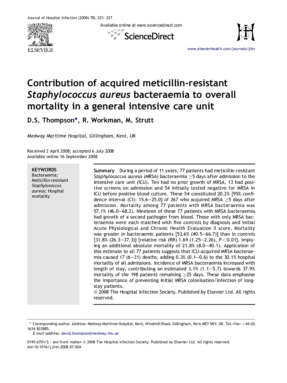 Contribution of acquired meticillin-resistant Staphylococcus aureus bacteraemia to overall mortality in a general intensive care unit