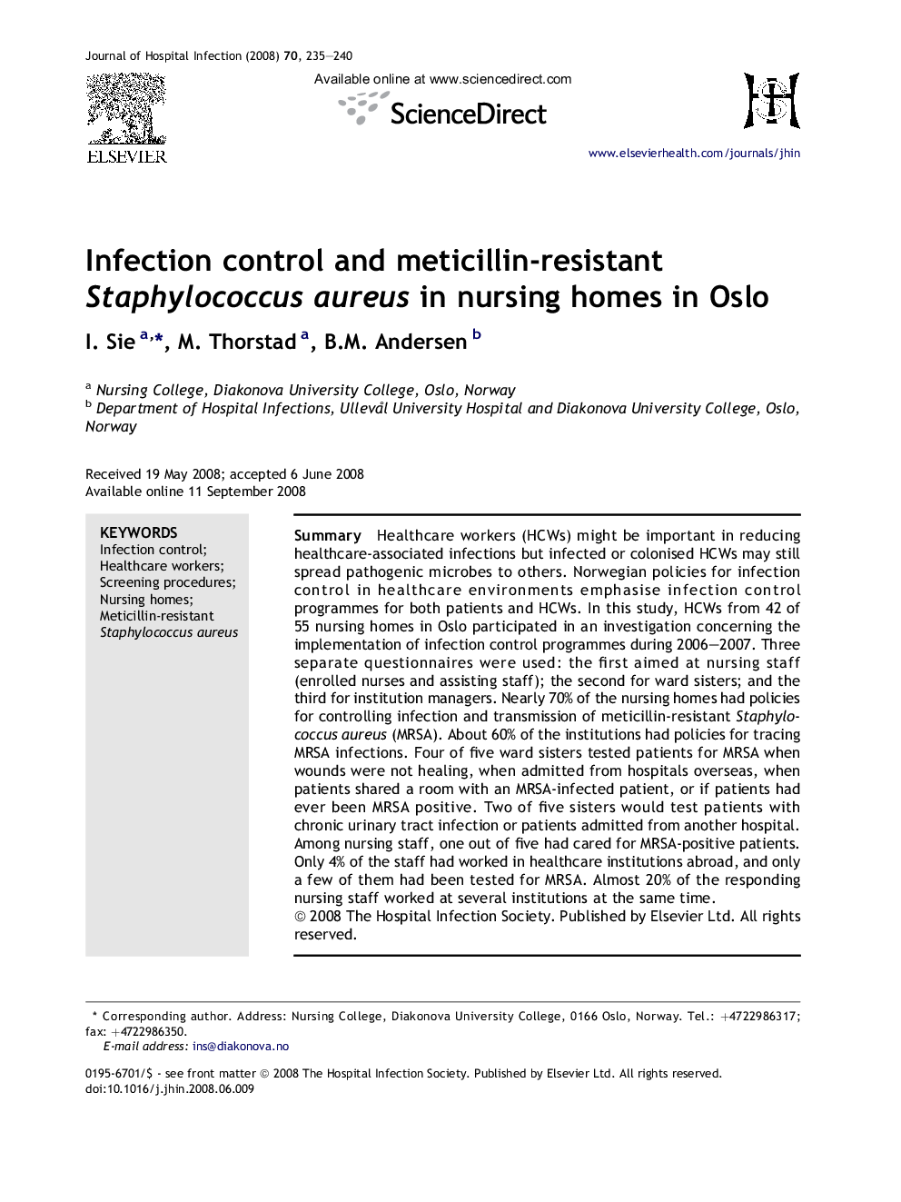 Infection control and meticillin-resistant Staphylococcus aureus in nursing homes in Oslo