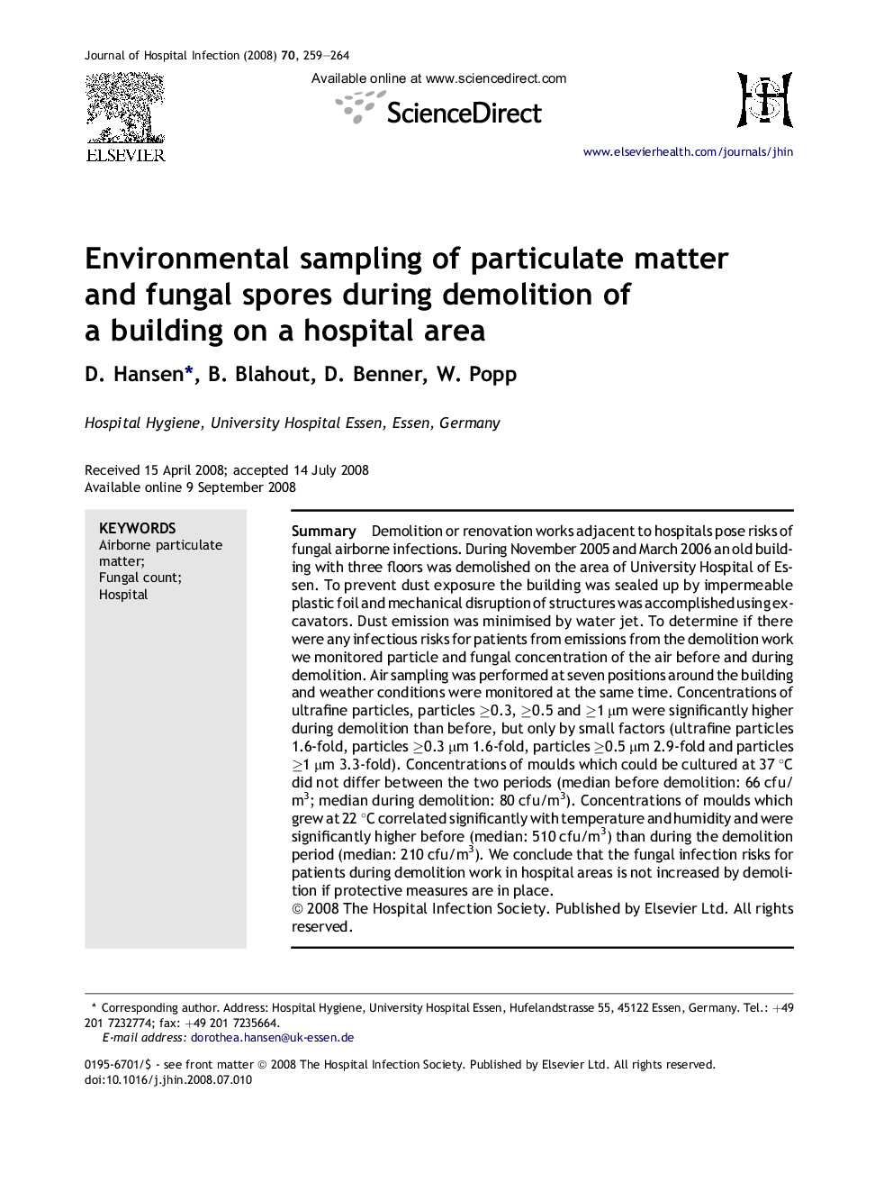 Environmental sampling of particulate matter and fungal spores during demolition of a building on a hospital area