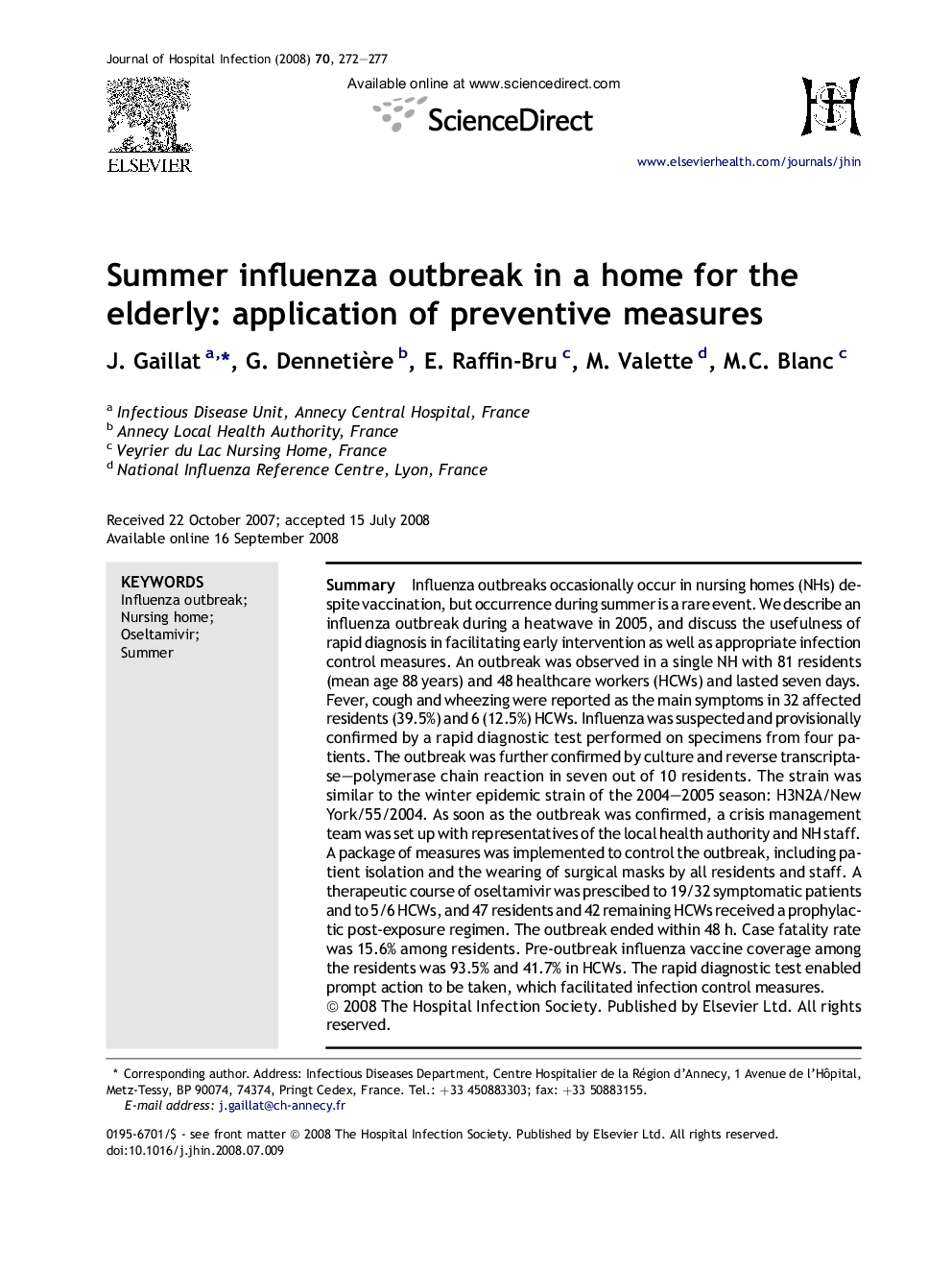 Summer influenza outbreak in a home for the elderly: application of preventive measures