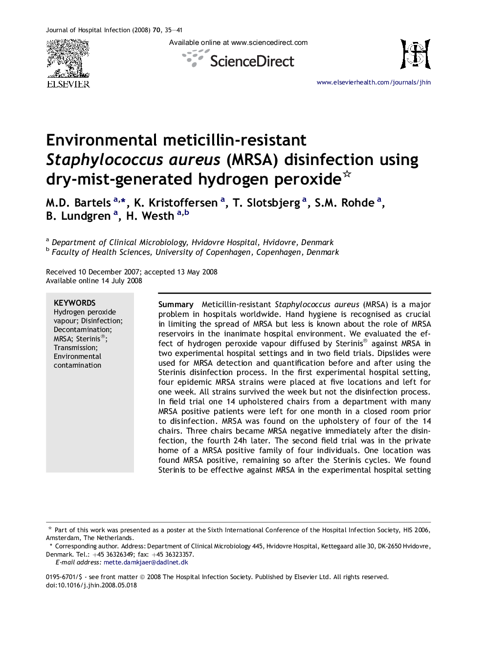 Environmental meticillin-resistant Staphylococcus aureus (MRSA) disinfection using dry-mist-generated hydrogen peroxide 