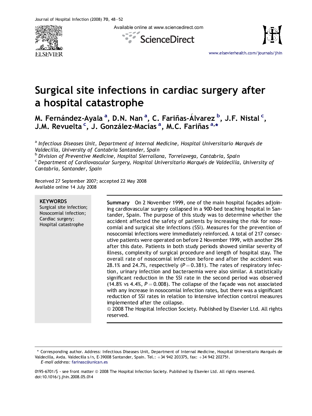 Surgical site infections in cardiac surgery after a hospital catastrophe