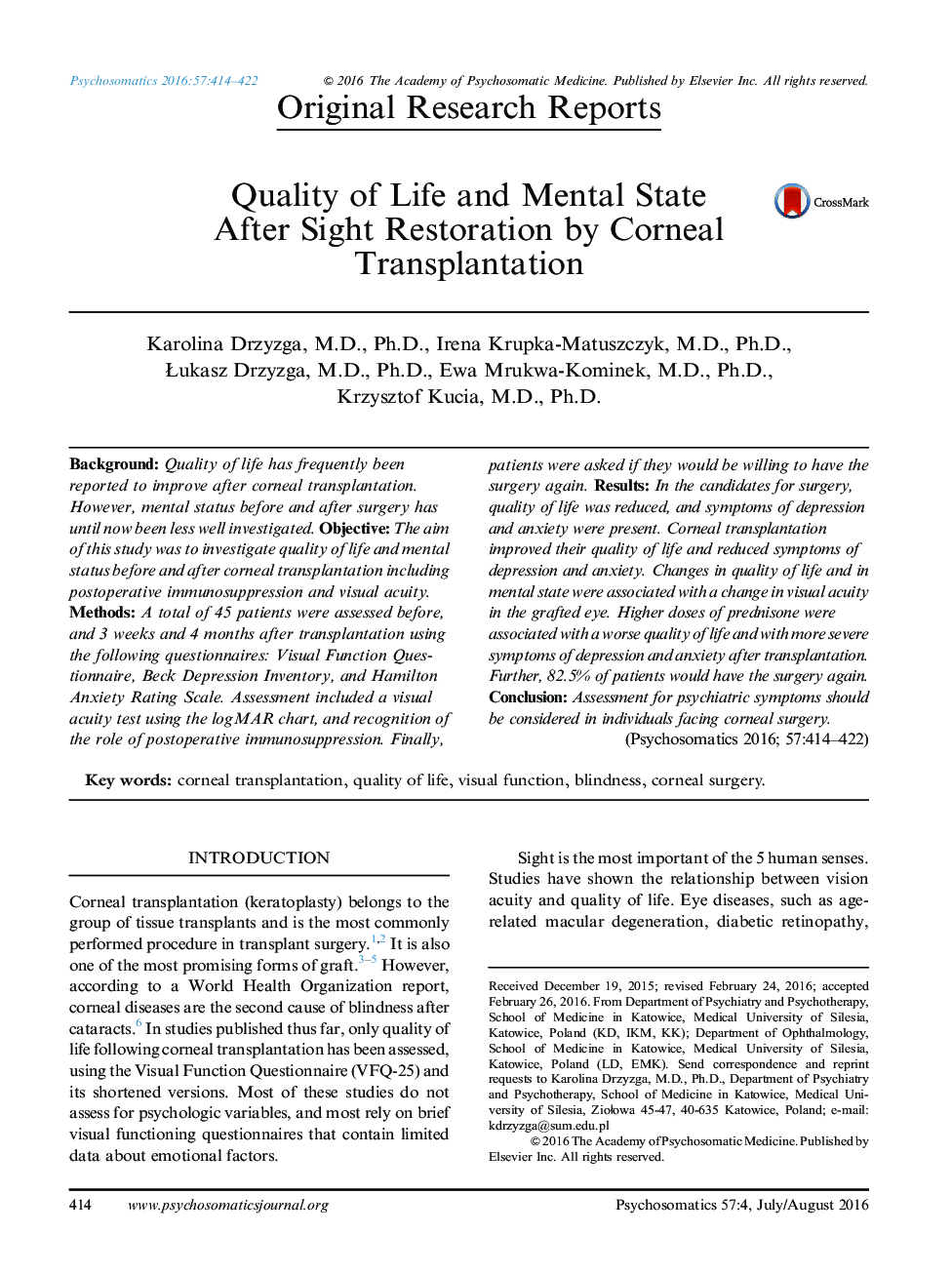 Quality of Life and Mental State After Sight Restoration by Corneal Transplantation