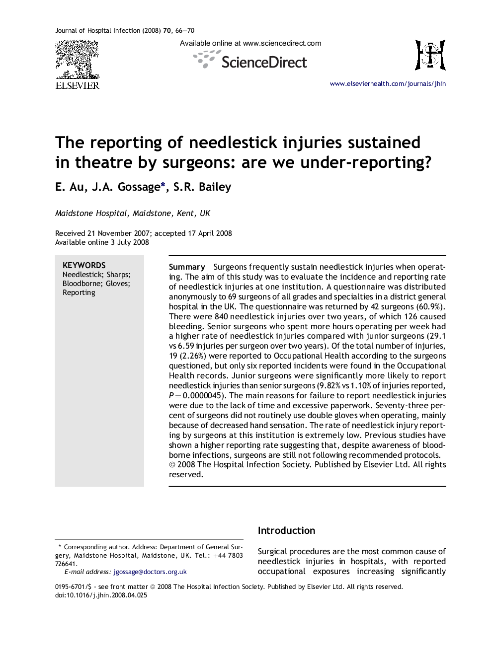 The reporting of needlestick injuries sustained in theatre by surgeons: are we under-reporting?