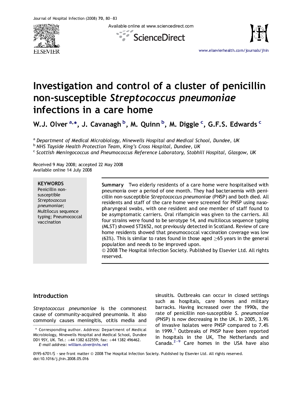 Investigation and control of a cluster of penicillin non-susceptible Streptococcus pneumoniae infections in a care home