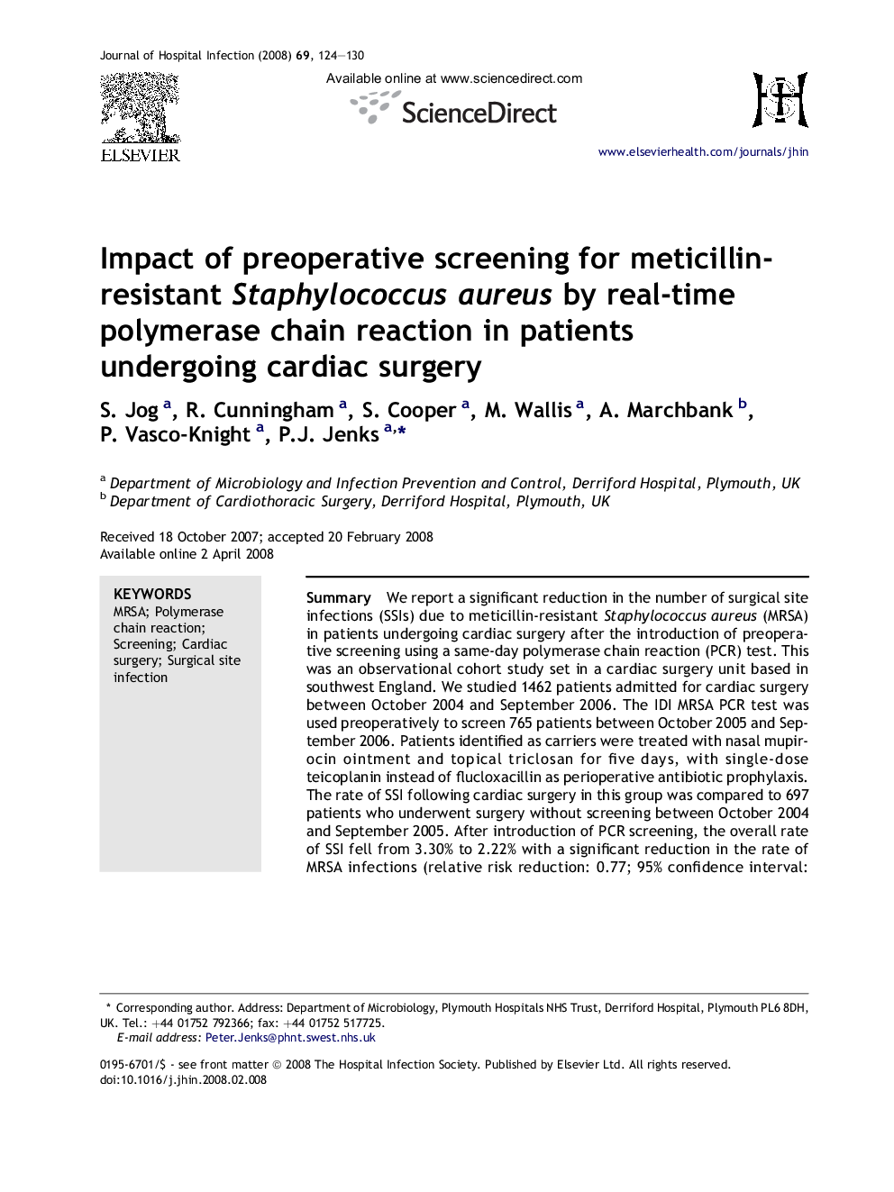 Impact of preoperative screening for meticillin-resistant Staphylococcus aureus by real-time polymerase chain reaction in patients undergoing cardiac surgery