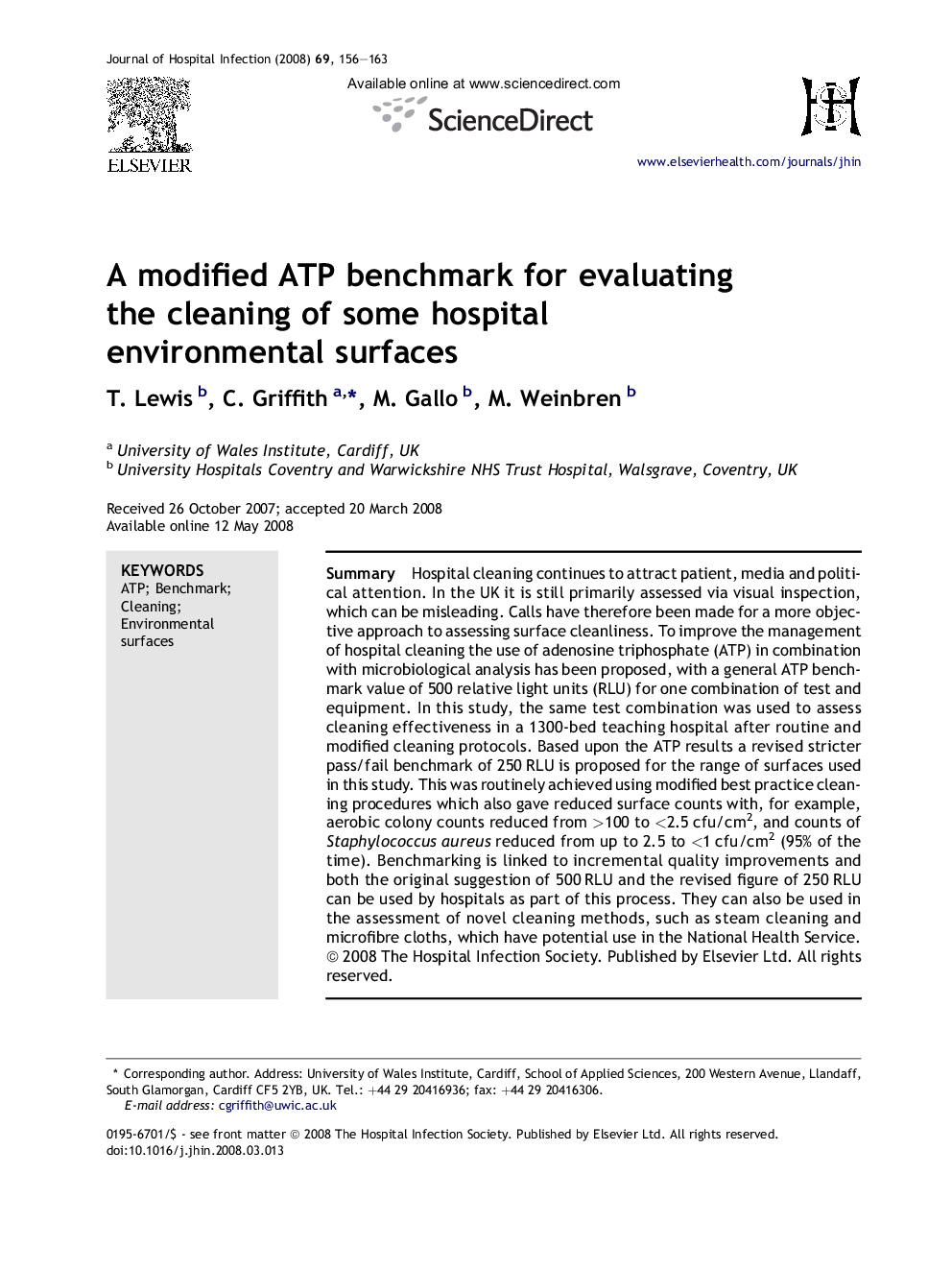 A modified ATP benchmark for evaluating the cleaning of some hospital environmental surfaces