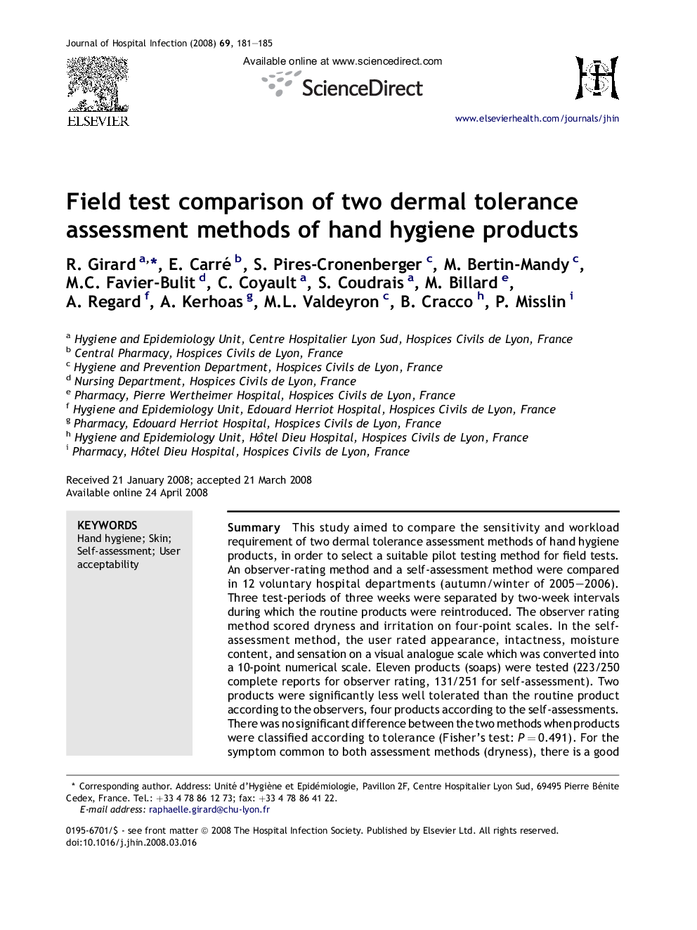 Field test comparison of two dermal tolerance assessment methods of hand hygiene products