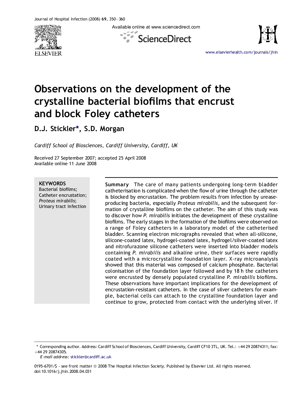 Observations on the development of the crystalline bacterial biofilms that encrust and block Foley catheters