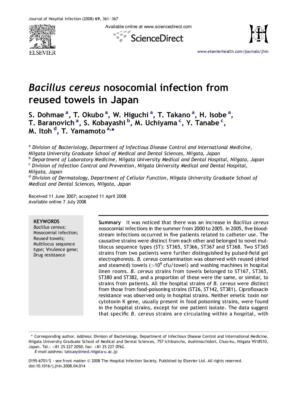 Bacillus cereus nosocomial infection from reused towels in Japan