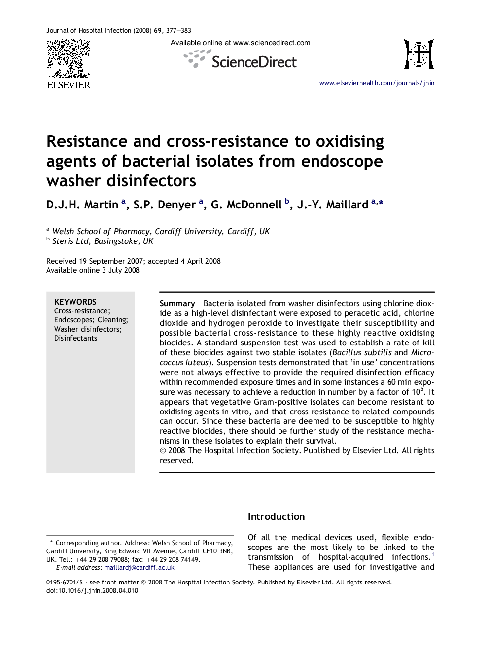 Resistance and cross-resistance to oxidising agents of bacterial isolates from endoscope washer disinfectors