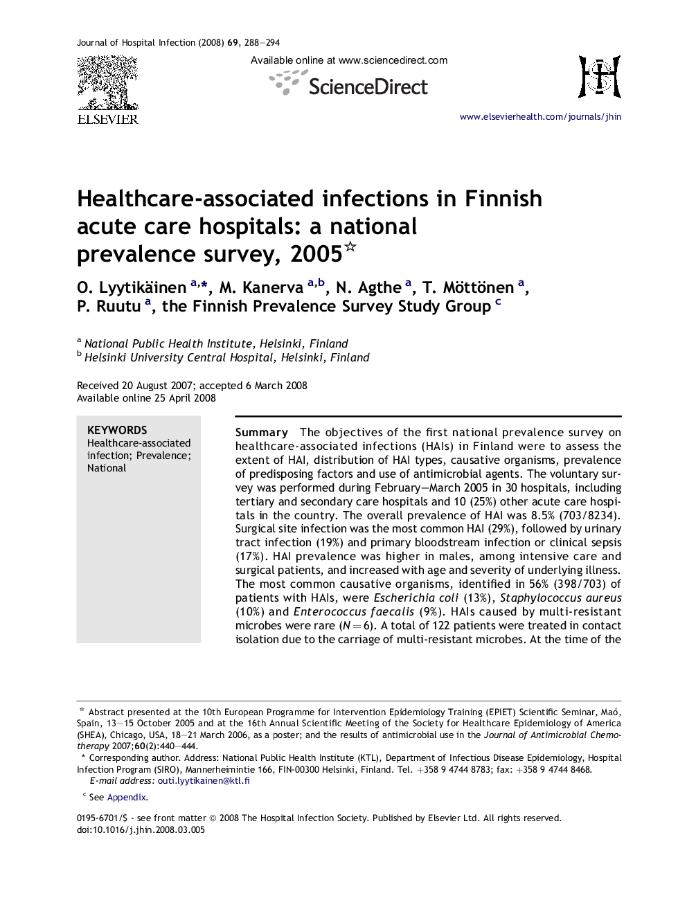 Healthcare-associated infections in Finnish acute care hospitals: a national prevalence survey, 2005 