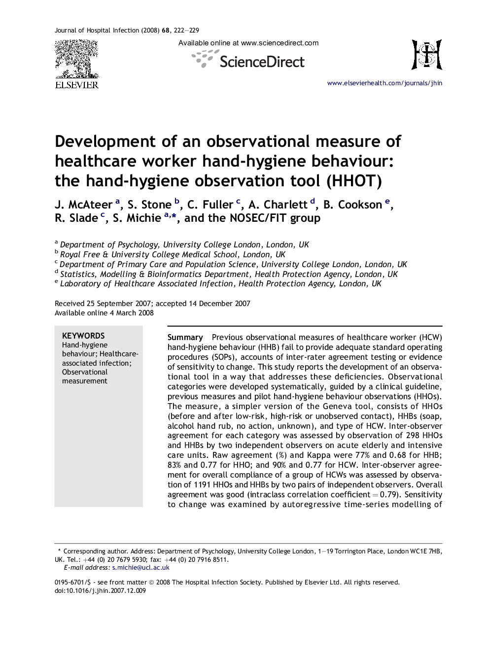 Development of an observational measure of healthcare worker hand-hygiene behaviour: the hand-hygiene observation tool (HHOT)