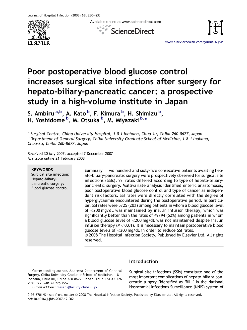 Poor postoperative blood glucose control increases surgical site infections after surgery for hepato-biliary-pancreatic cancer: a prospective study in a high-volume institute in Japan