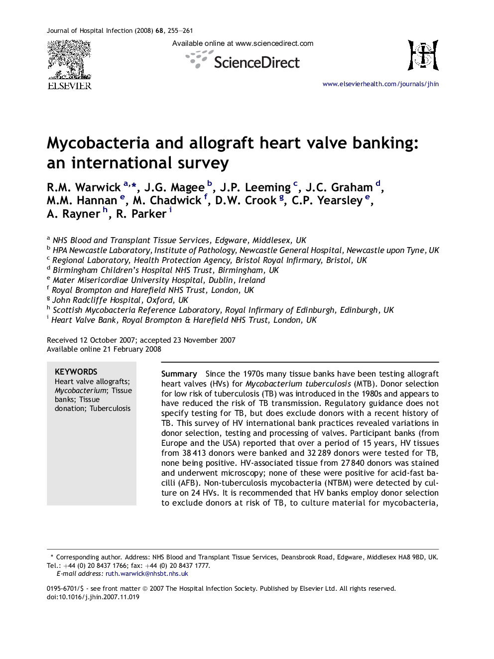 Mycobacteria and allograft heart valve banking: an international survey