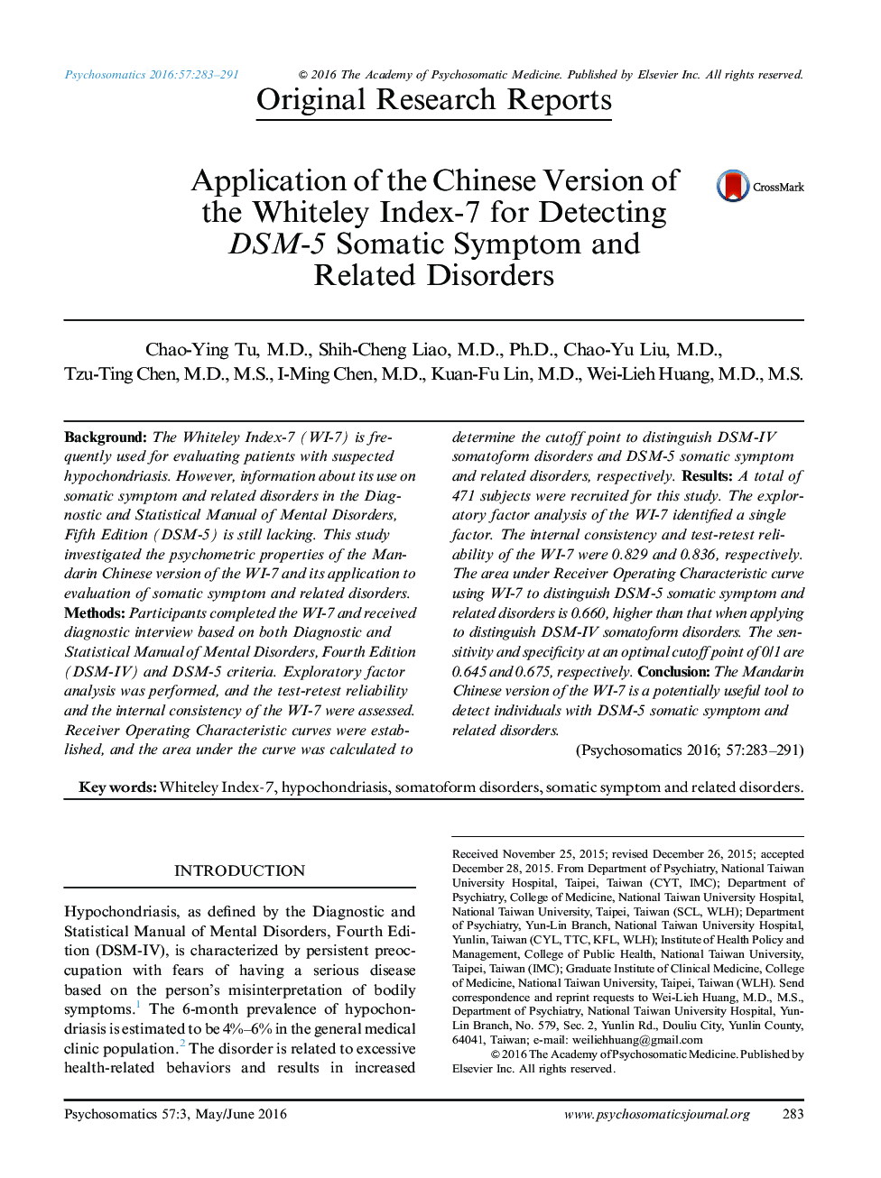 Application of the Chinese Version of the Whiteley Index-7 for Detecting DSM-5 Somatic Symptom and Related Disorders