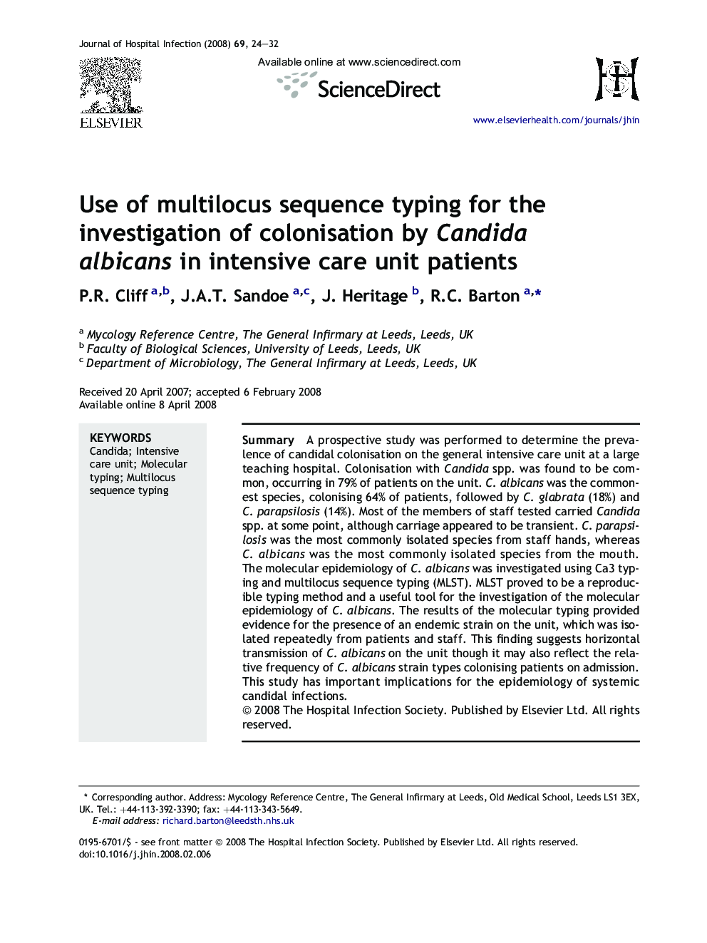 Use of multilocus sequence typing for the investigation of colonisation by Candida albicans in intensive care unit patients