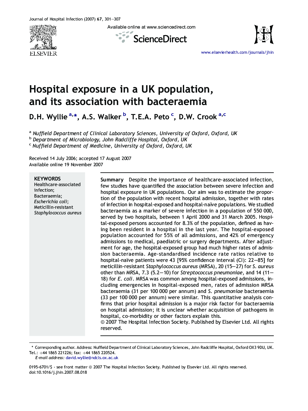 Hospital exposure in a UK population, and its association with bacteraemia