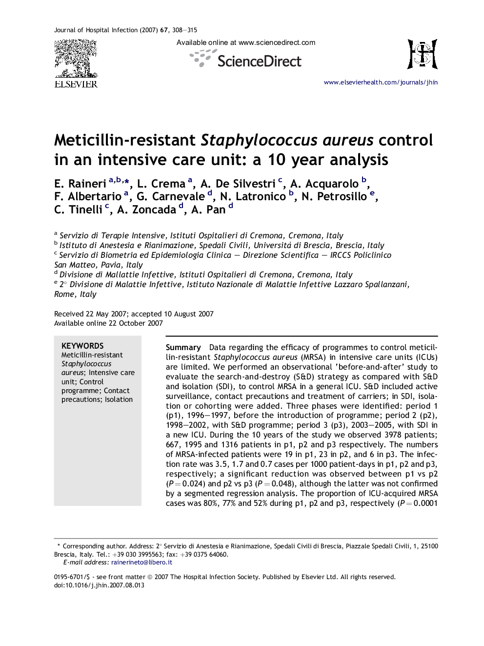 Meticillin-resistant Staphylococcus aureus control in an intensive care unit: a 10 year analysis