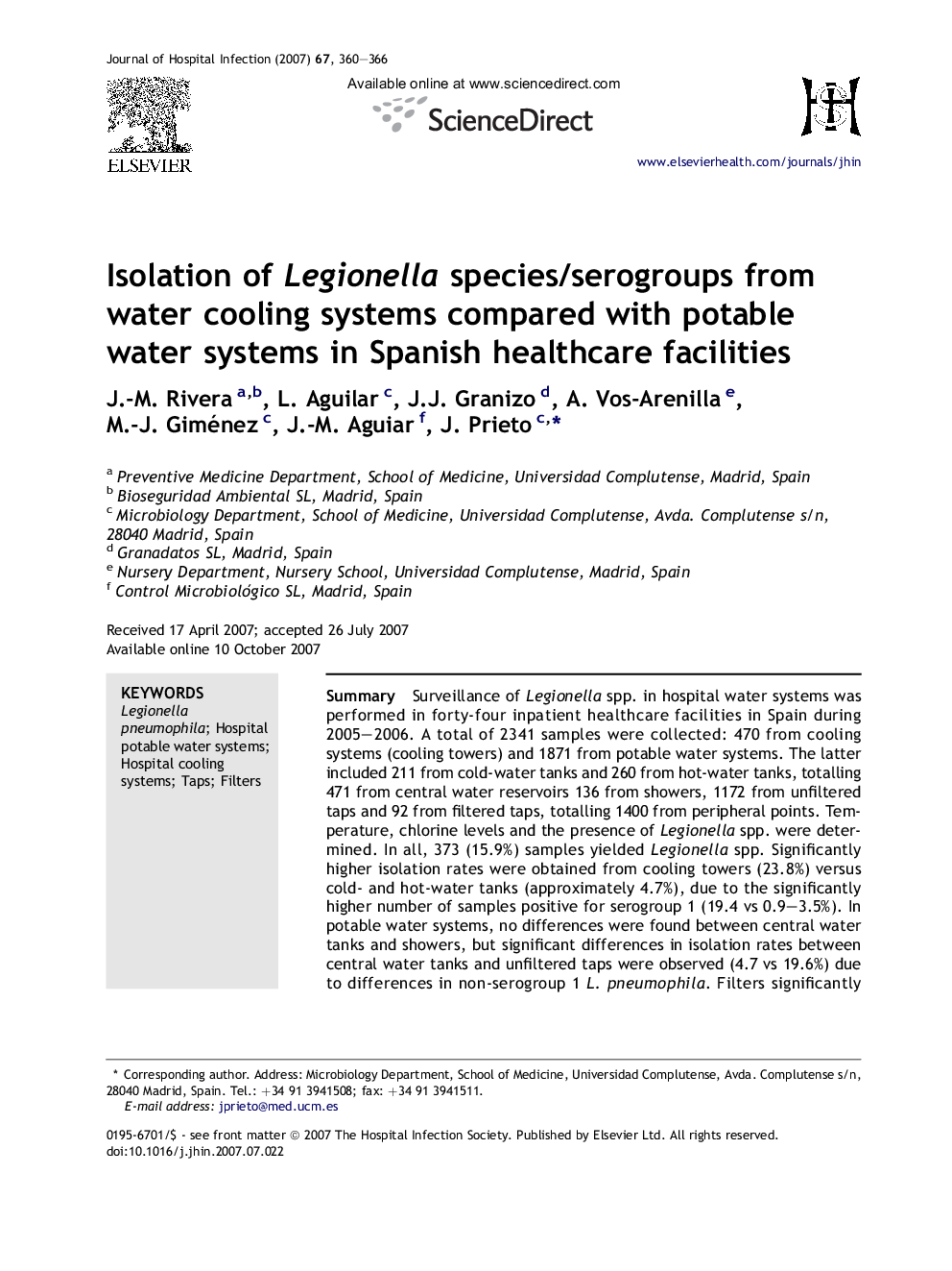 Isolation of Legionella species/serogroups from water cooling systems compared with potable water systems in Spanish healthcare facilities