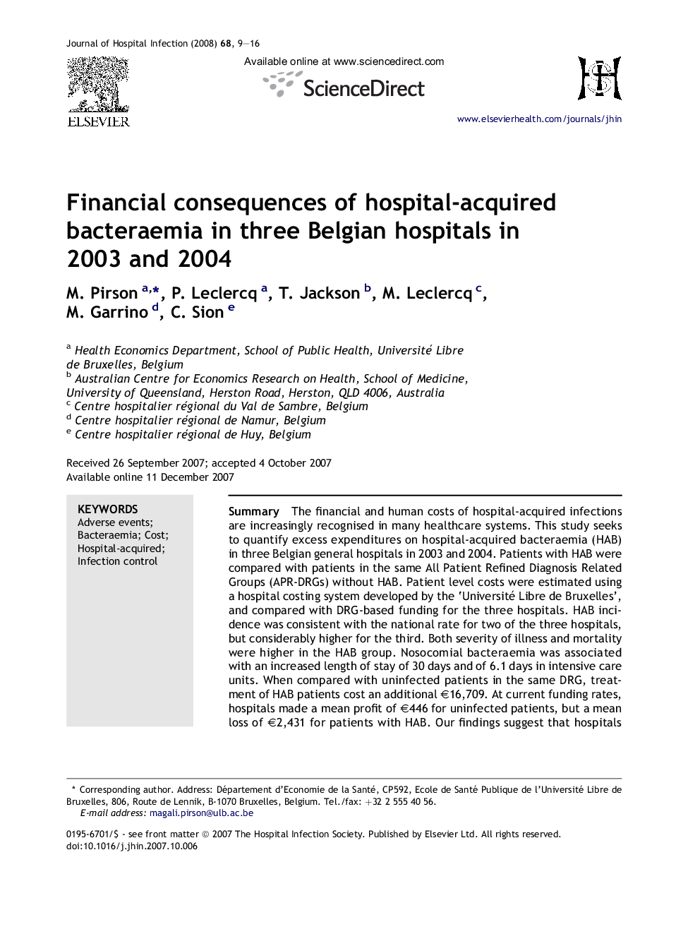 Financial consequences of hospital-acquired bacteraemia in three Belgian hospitals in 2003 and 2004