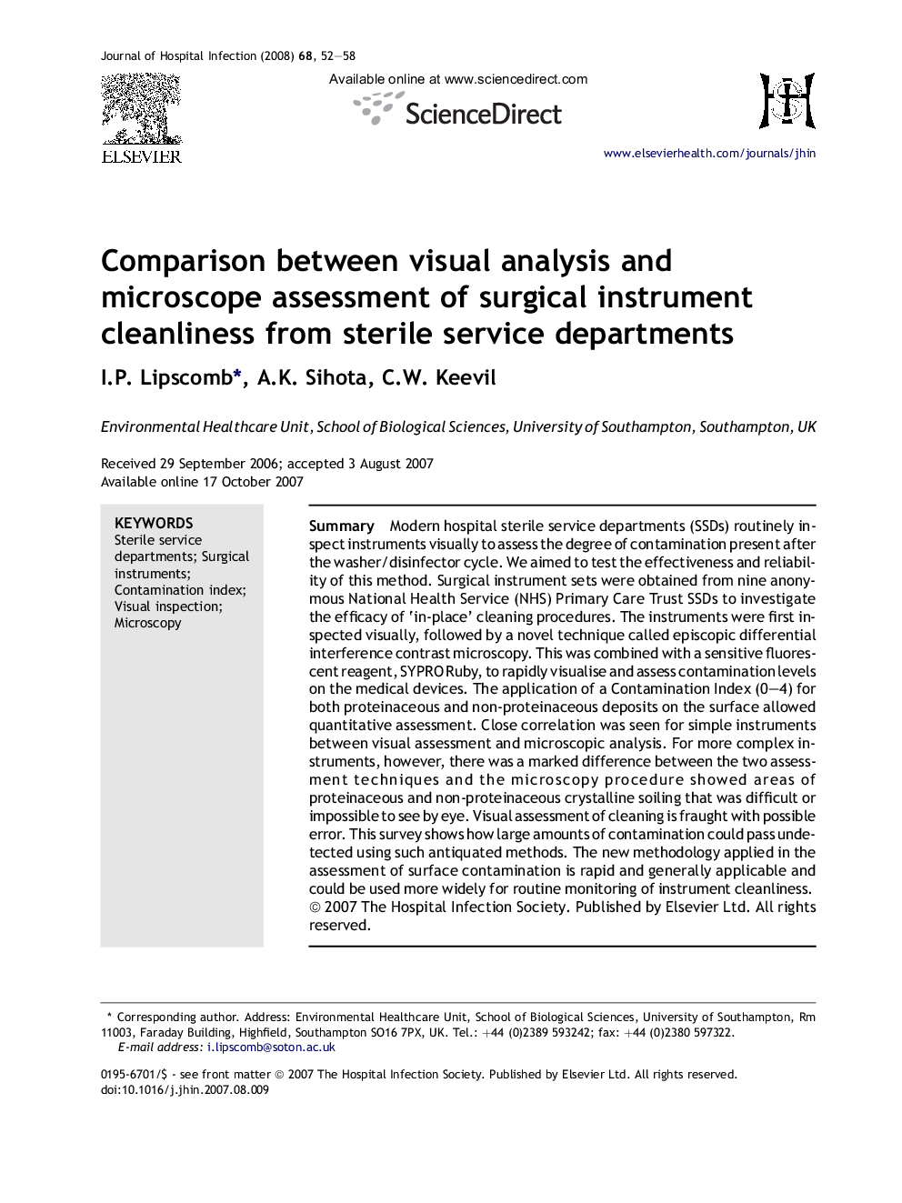 Comparison between visual analysis and microscope assessment of surgical instrument cleanliness from sterile service departments