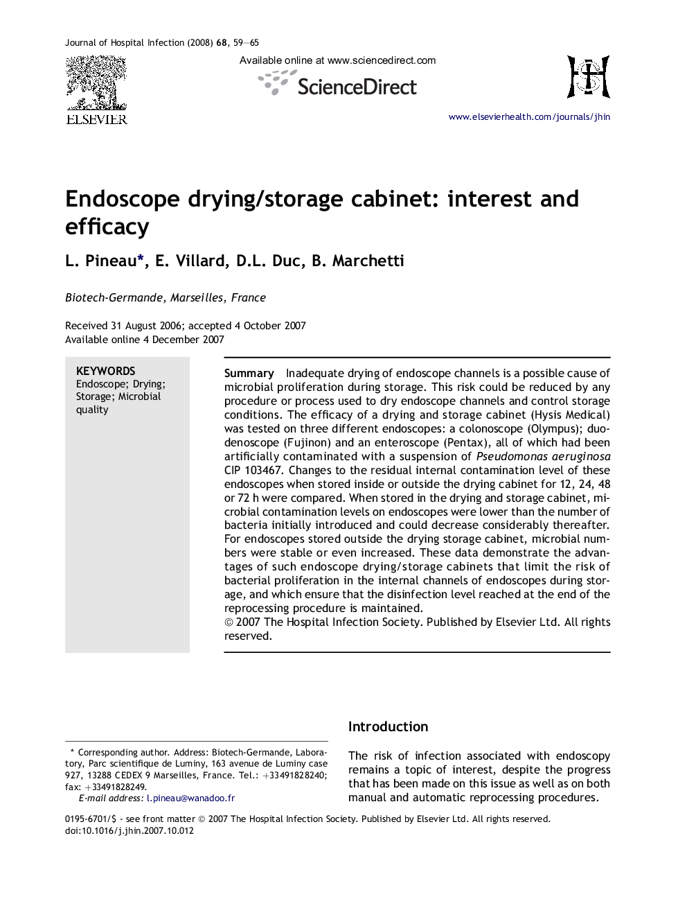 Endoscope drying/storage cabinet: interest and efficacy