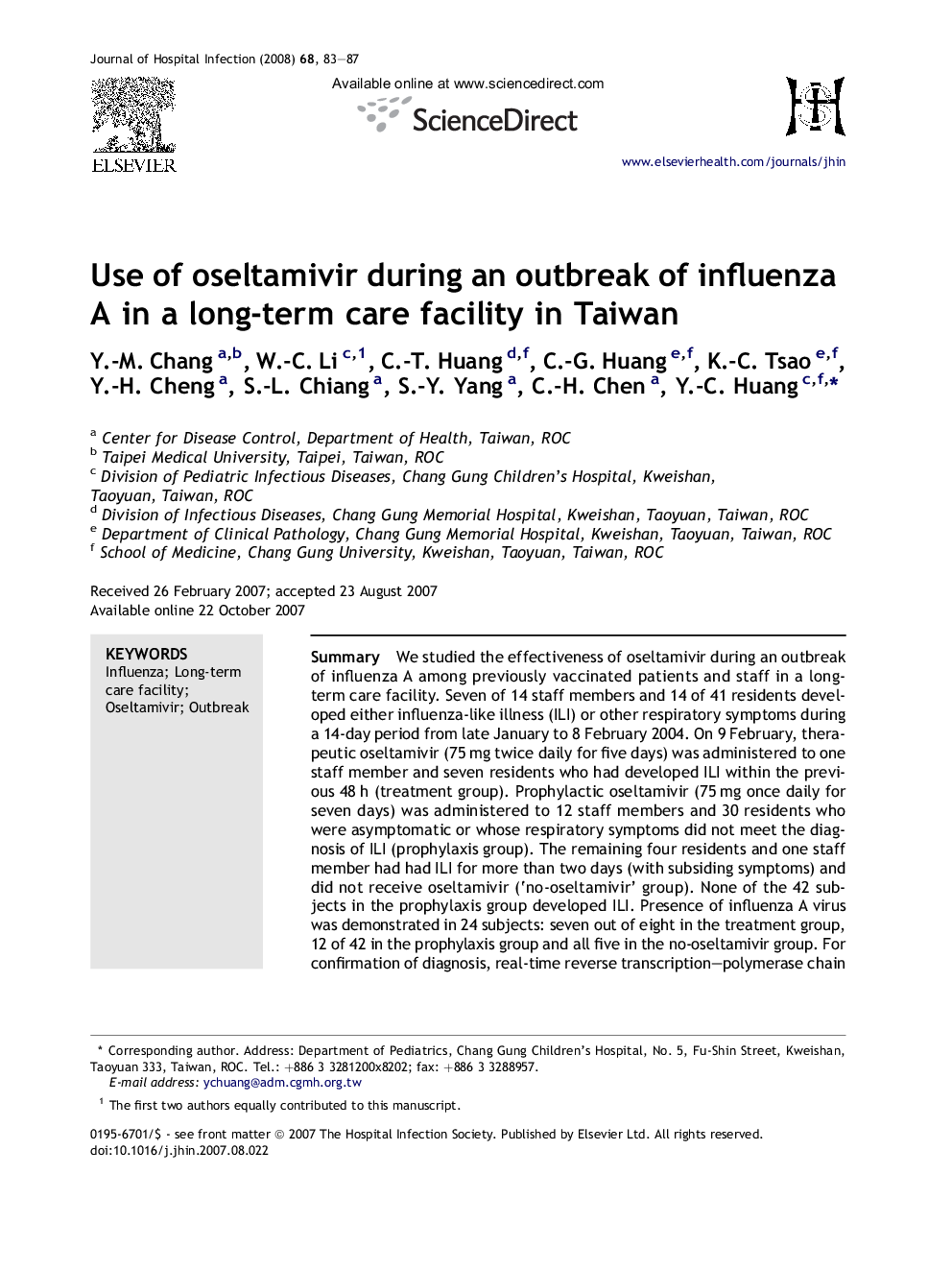 Use of oseltamivir during an outbreak of influenza A in a long-term care facility in Taiwan