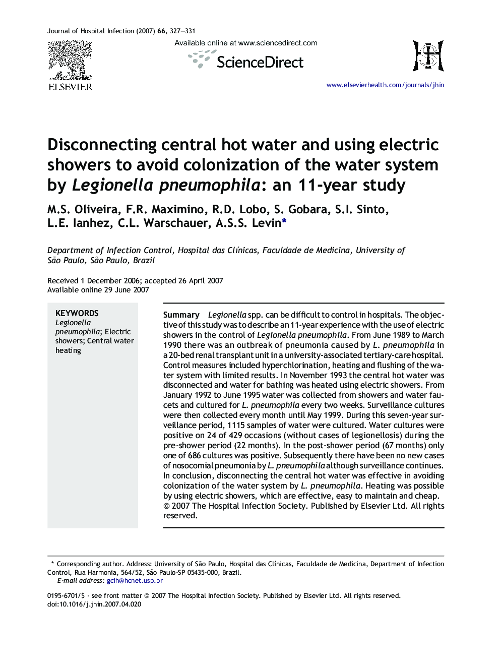 Disconnecting central hot water and using electric showers to avoid colonization of the water system by Legionella pneumophila: an 11-year study