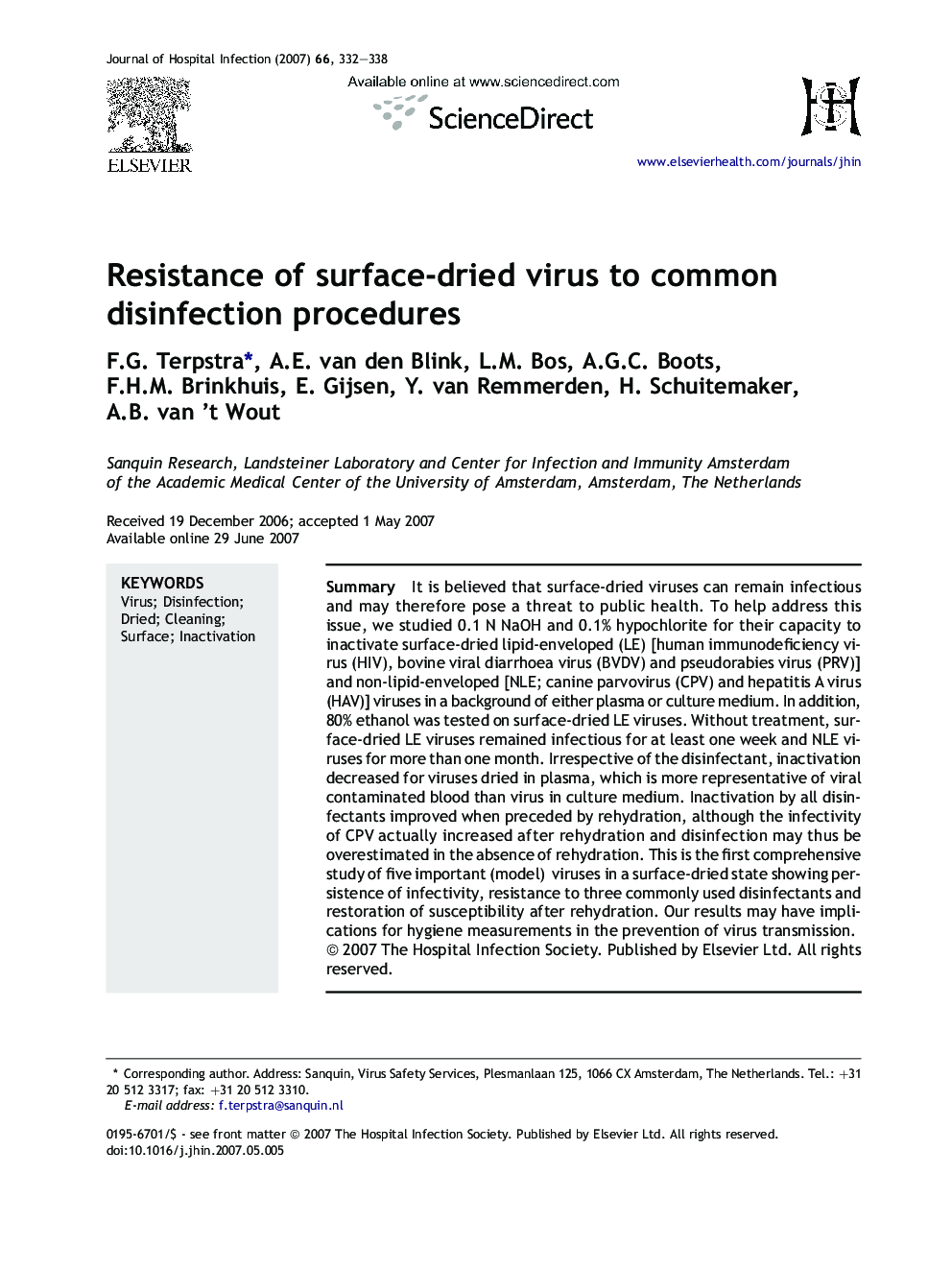 Resistance of surface-dried virus to common disinfection procedures